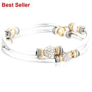 2 Piece Bangle Bracelet Tri Tone Stretch Rhinestone Pave Setting